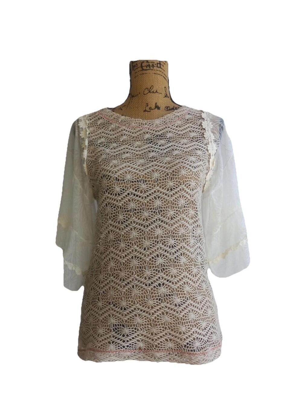 Mystree Lace Crochet Top Womens S Sheer Bell Sleeve Boho Floral